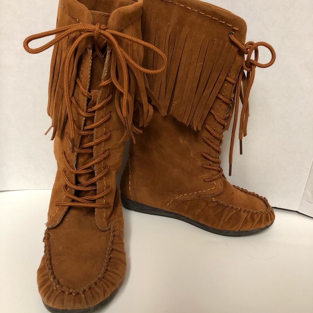 Boho Moccasin tassel Brown lace up boots #laceup